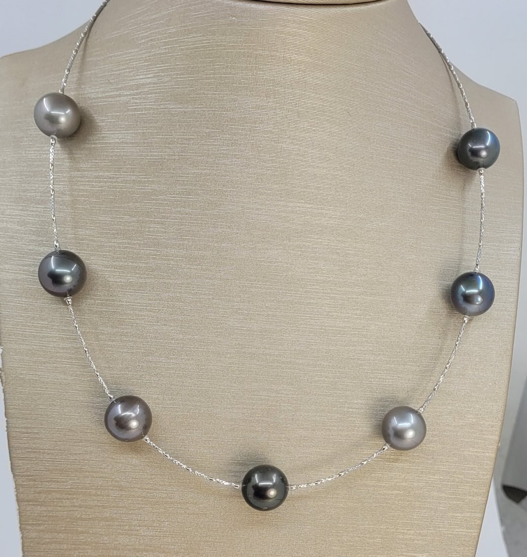 Necklace - 18 kt. White gold - Round Tahiti pearls - 5