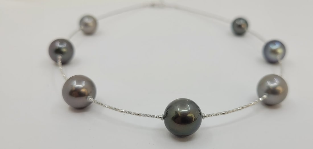 Necklace - 18 kt. White gold - Round Tahiti pearls - 7