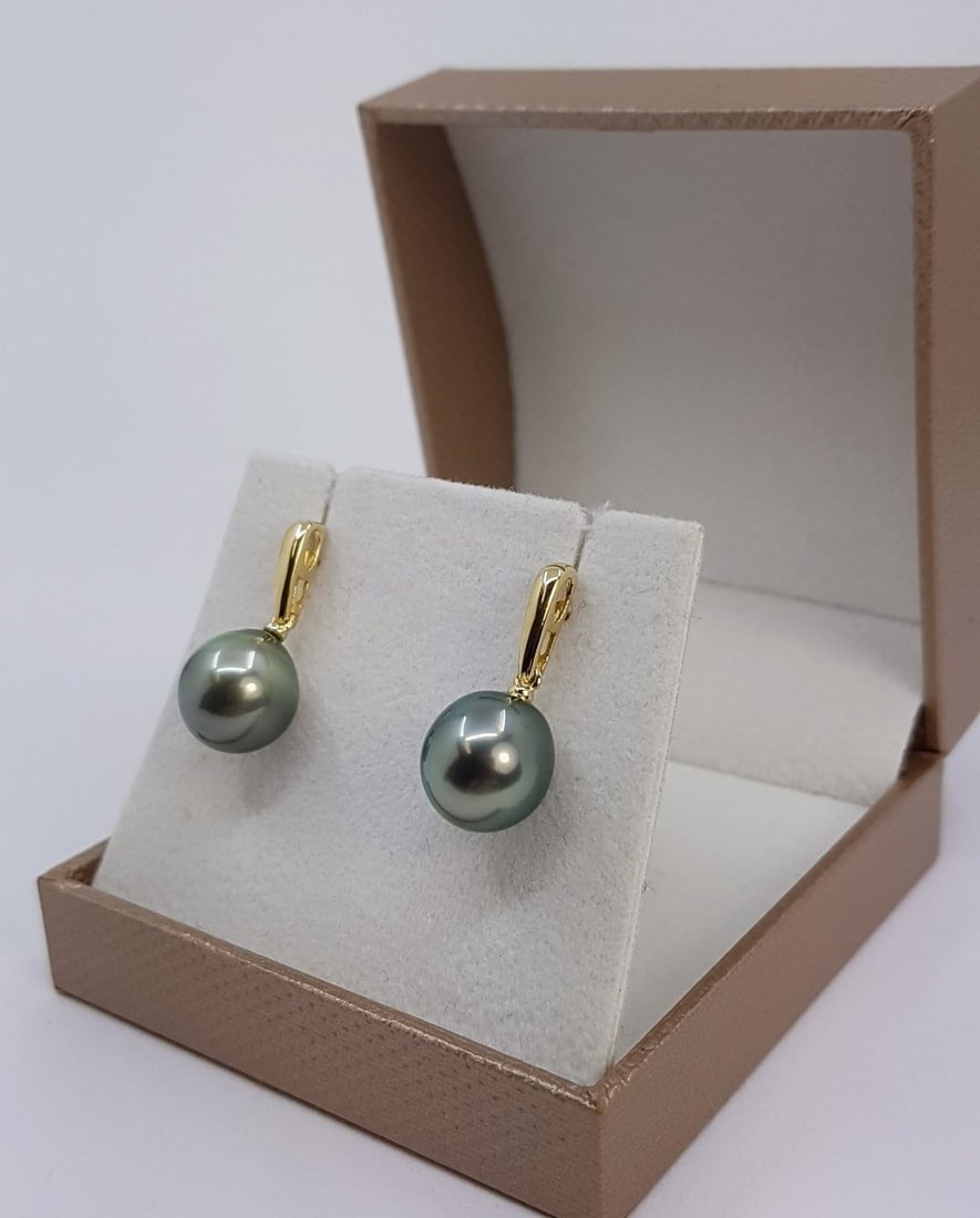 10x11mm Peacock Tahitian Pearl Drops - Earrings - 14 kt. Yellow gold - 4