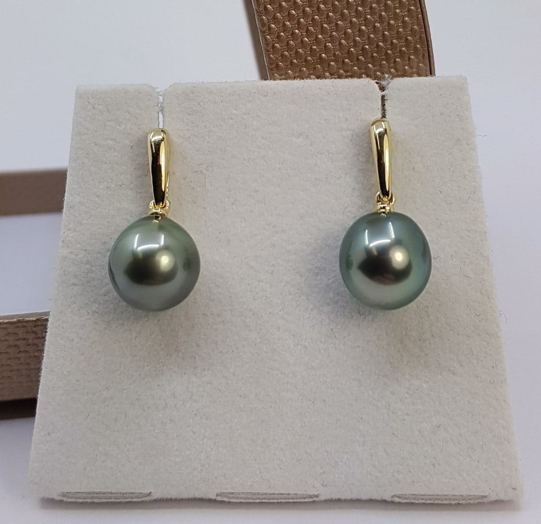 10x11mm Peacock Tahitian Pearl Drops - Earrings - 14 kt. Yellow gold - 5
