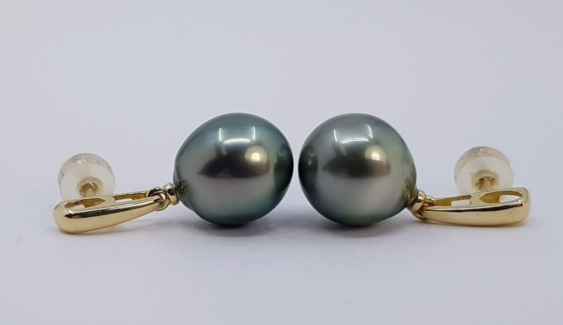 10x11mm Peacock Tahitian Pearl Drops - Earrings - 14 kt. Yellow gold - 6