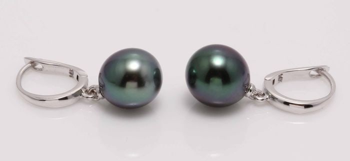 14 kt. White Gold - 9x10mm Tahitian Pearl Drops - Earrings - 4