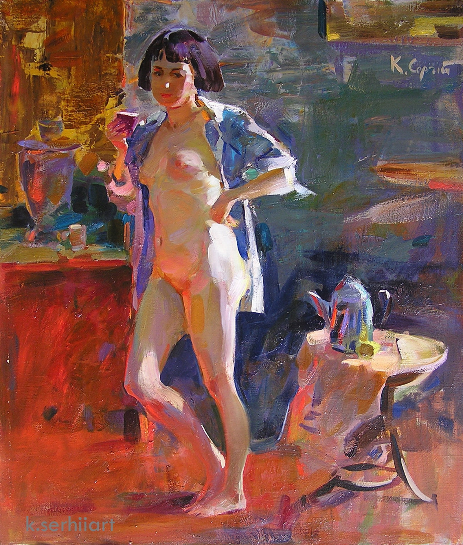 Oil painting figure Serg Kovalenko: Title: Oil painting figure Serg Kovalenko Description: 143SK Painter: Serg Kovalenko S?ze: 70x60 cm/27.6x23.6 inches Components: oil, canvas Original painting CONDITION: exellent ERA: modern Graduated