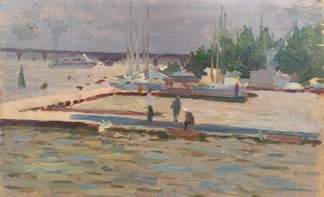 Oil painting River landscape Alex Ditriev: Title: Oil painting River landscape Alex Ditriev Description: 576AD Painter: Alex Ditriev S?ze:19x30 cm/ 7.48x11.81 inches Components: oil, cardboard Original painting from our collection ERA: Short i