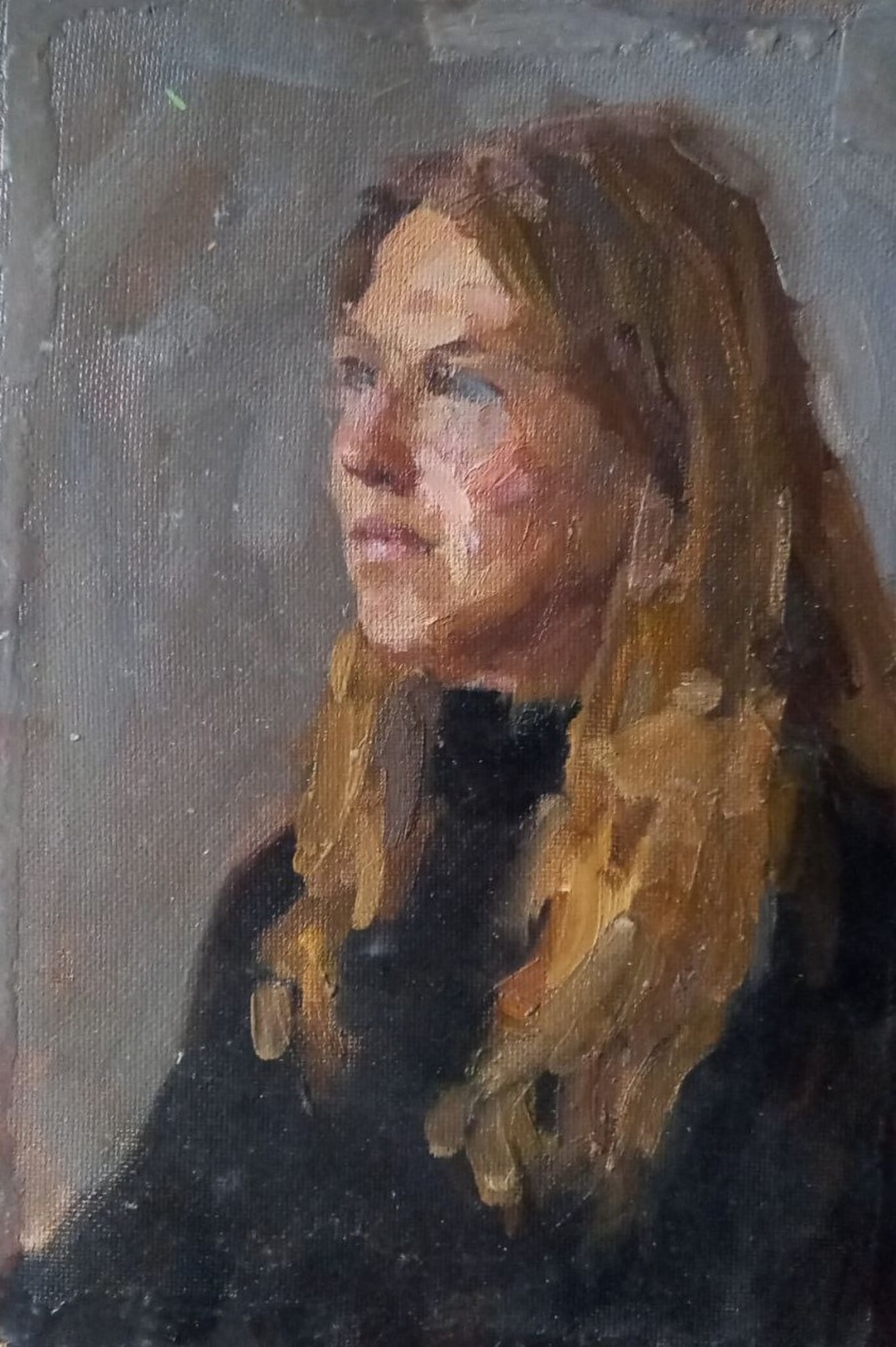 Oil painting Female portrait Alex Ditriev: Title: Oil painting Female portrait Alex Ditriev Description: 609AD Painter: Alex Ditriev S?ze:40x28 cm/ 15.75x11.02 inches Components: oil, cardboard Original painting from our collection ERA: Short 