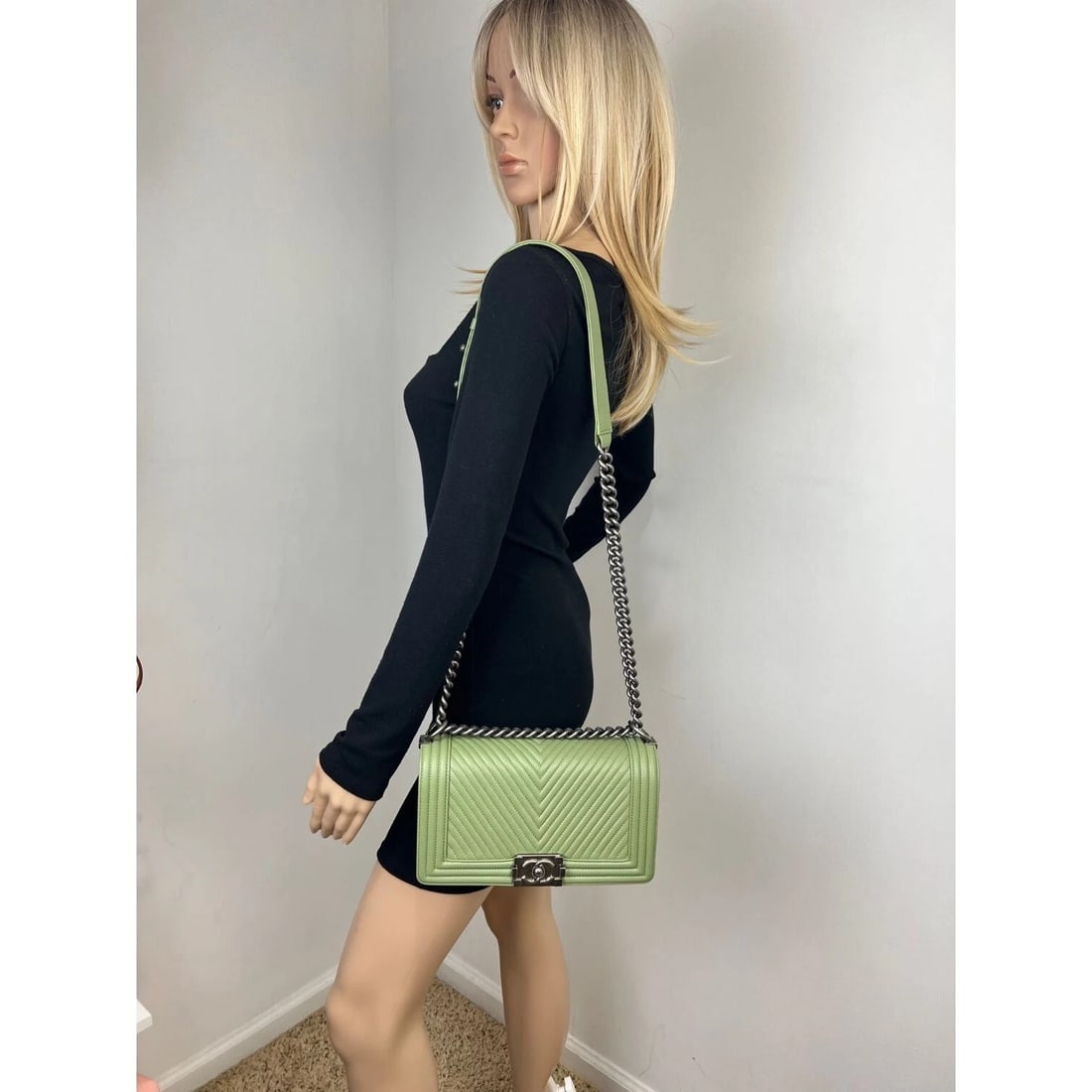 Chanel Calfskin Chevron Quilted Medium Boy Flap Light Green Bag - 6