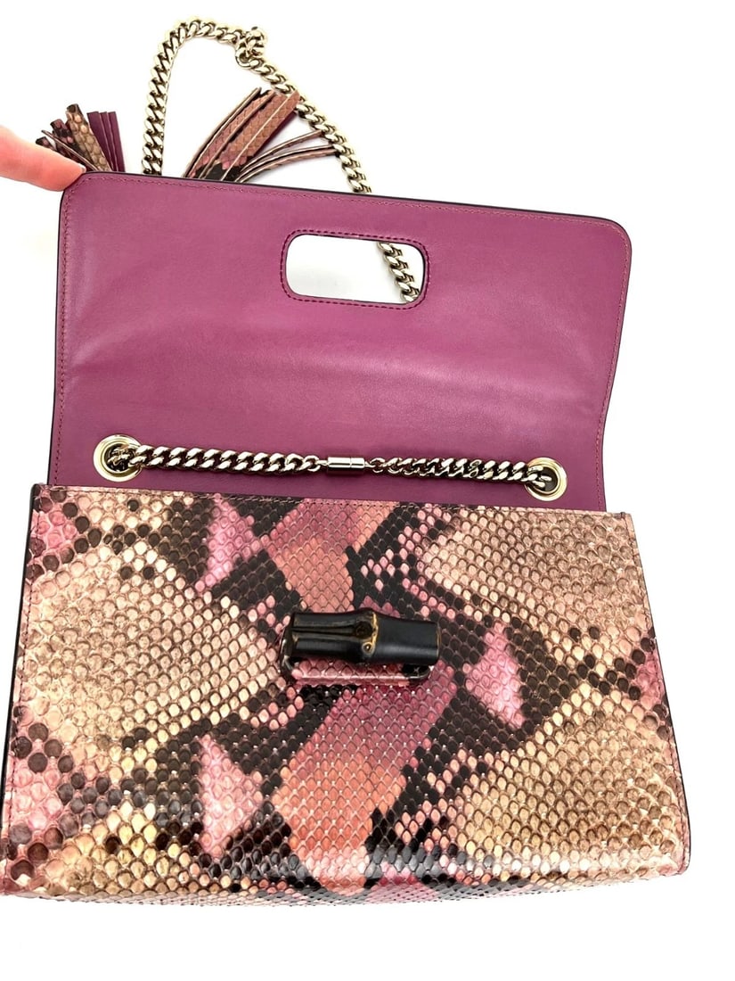 Gucci Miss Bamboo Tassel Chain Beige Brown Pink Python Shoulder Bag - 11