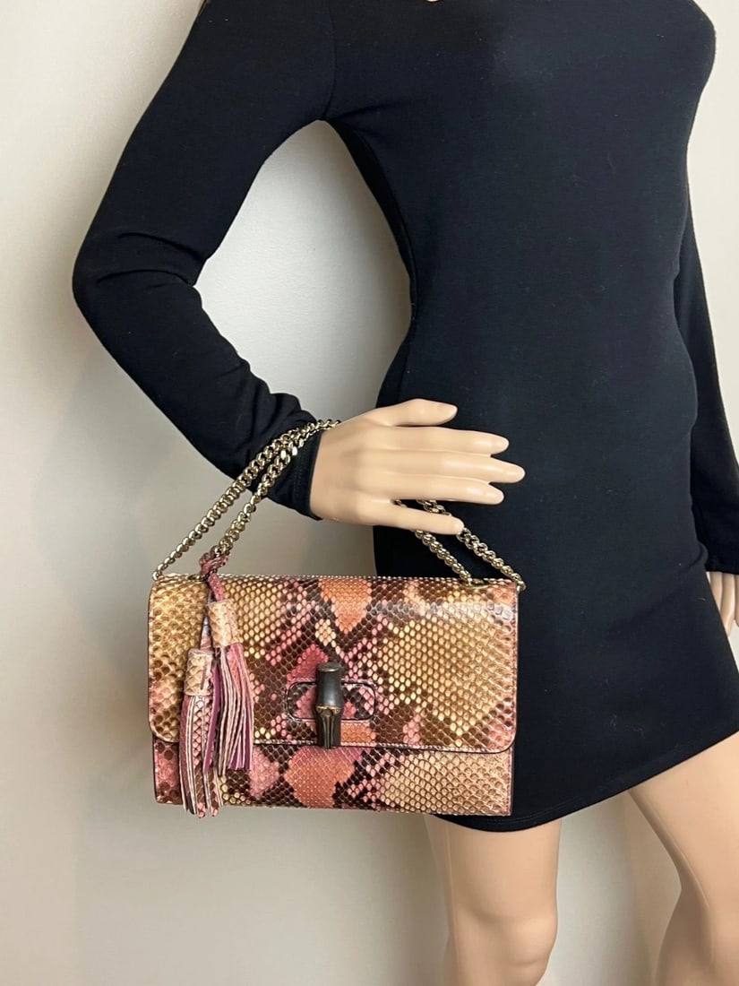 Gucci Miss Bamboo Tassel Chain Beige Brown Pink Python Shoulder Bag - 14