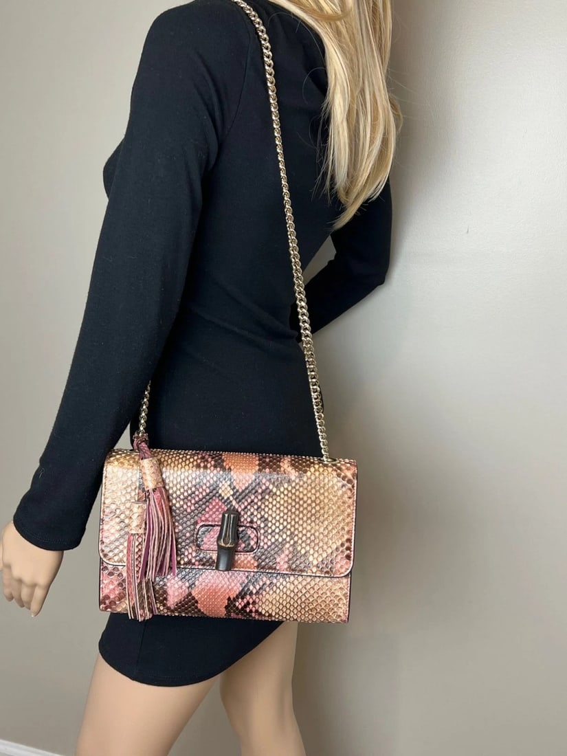 Gucci Miss Bamboo Tassel Chain Beige Brown Pink Python Shoulder Bag - 15