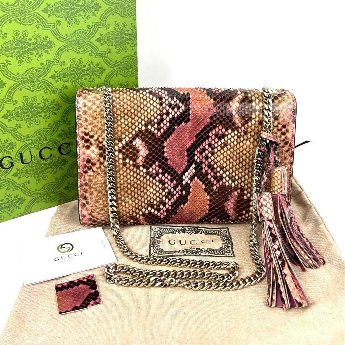 Gucci Miss Bamboo Tassel Chain Beige Brown Pink Python Shoulder Bag - 2