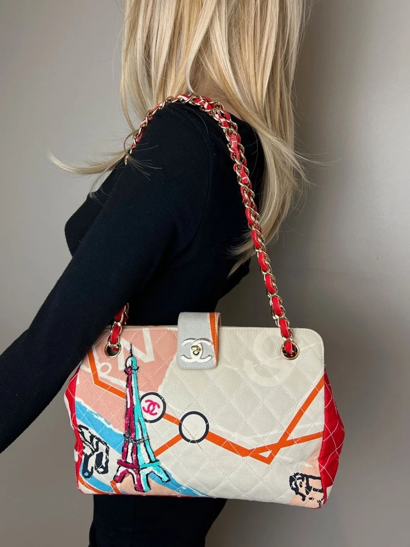 Chanel Eiffel Tower Multicolor Canvas Matelasse Chain Vintage Shoulder Bag - 16