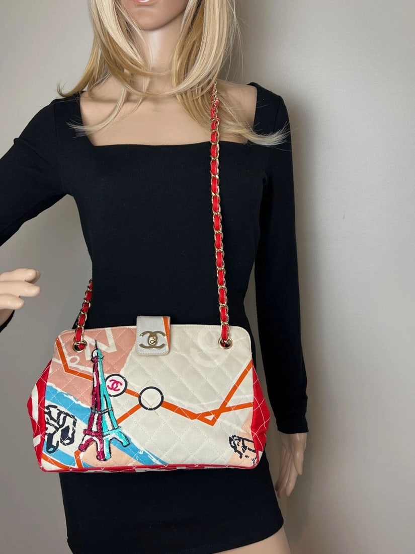 Chanel Eiffel Tower Multicolor Canvas Matelasse Chain Vintage Shoulder Bag - 17