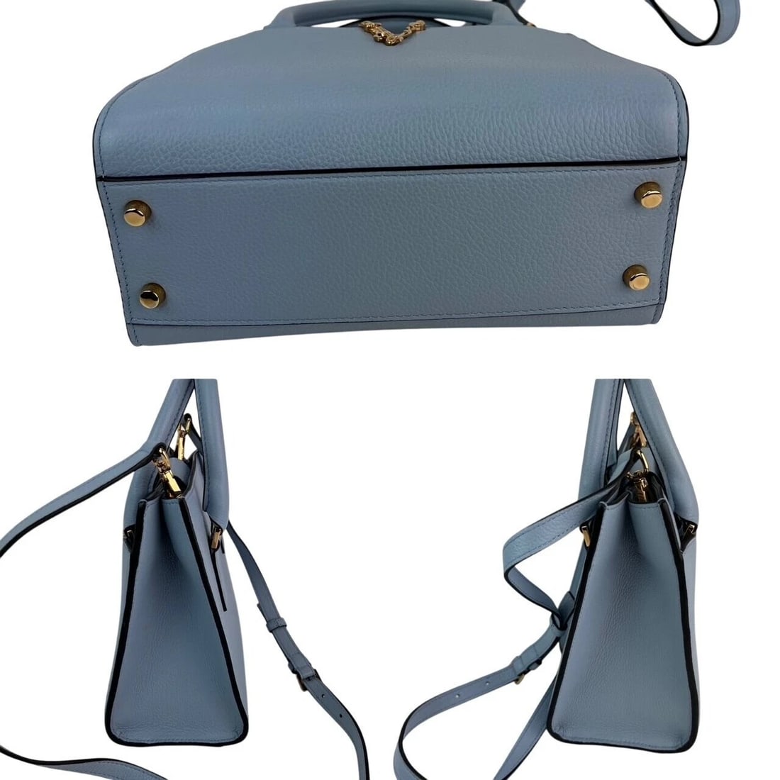 Versace Virtus Top Handle Grained Calfskin Light Blue Tote - 5