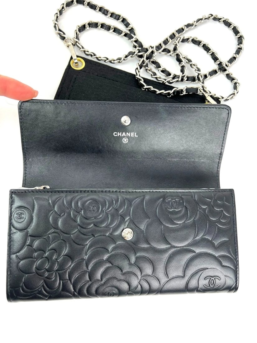 Chanel Lambskin Camellia Black Leather Flap Wallet Clutch - 10