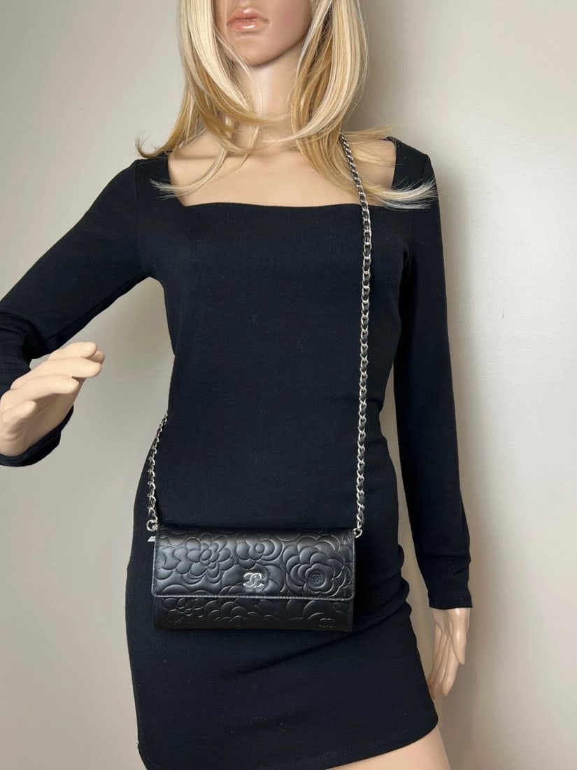 Chanel Lambskin Camellia Black Leather Flap Wallet Clutch - 16