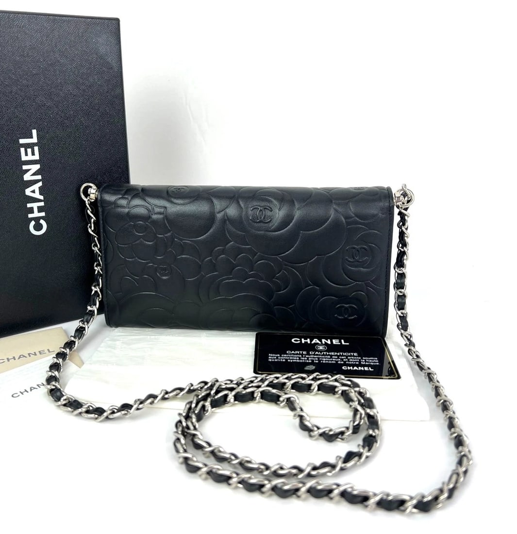 Chanel Lambskin Camellia Black Leather Flap Wallet Clutch - 2