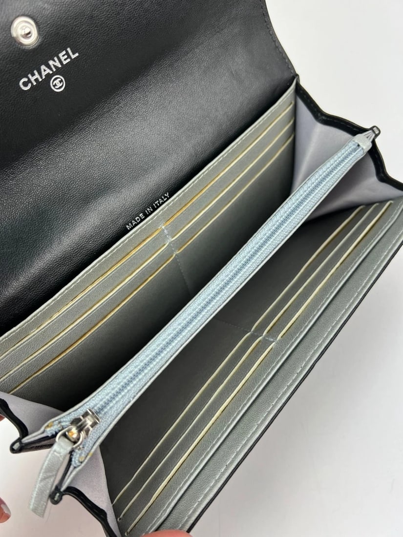 Chanel Lambskin Camellia Black Leather Flap Wallet Clutch - 7