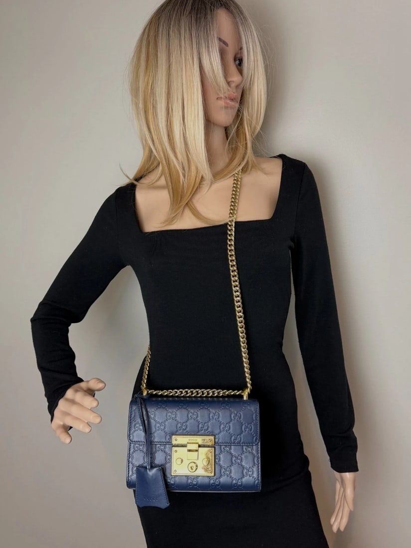 Gucci GG Supreme Small Padlock Monogram Blue Leather Shoulder Bag - 15