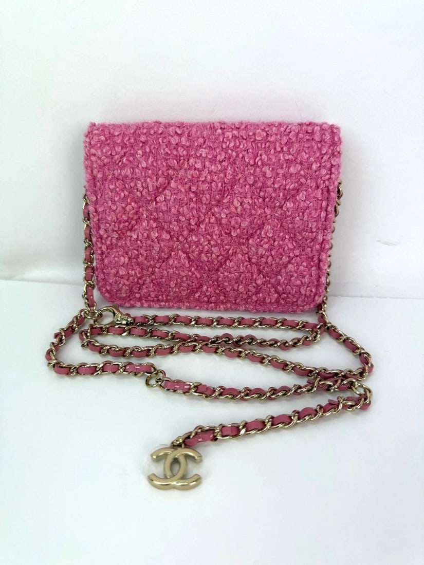 Chanel Tweed Quilted Mini Flap Pink Chain Waist Shoulder Bag - 2