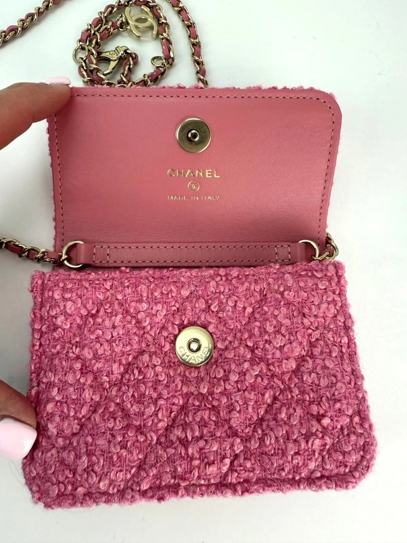 Chanel Tweed Quilted Mini Flap Pink Chain Waist Shoulder Bag - 6