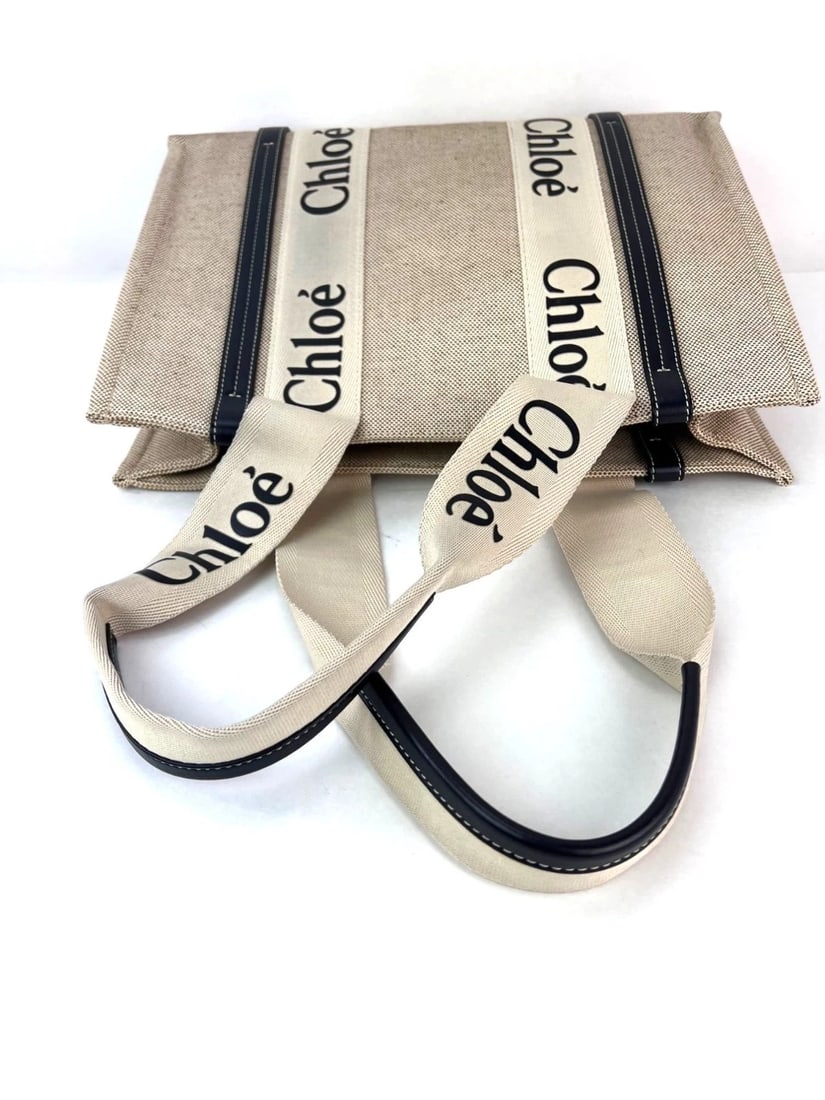 Chloe Woody Ribbon Medium Cotton Calfskin Beige Tote Bag - 10