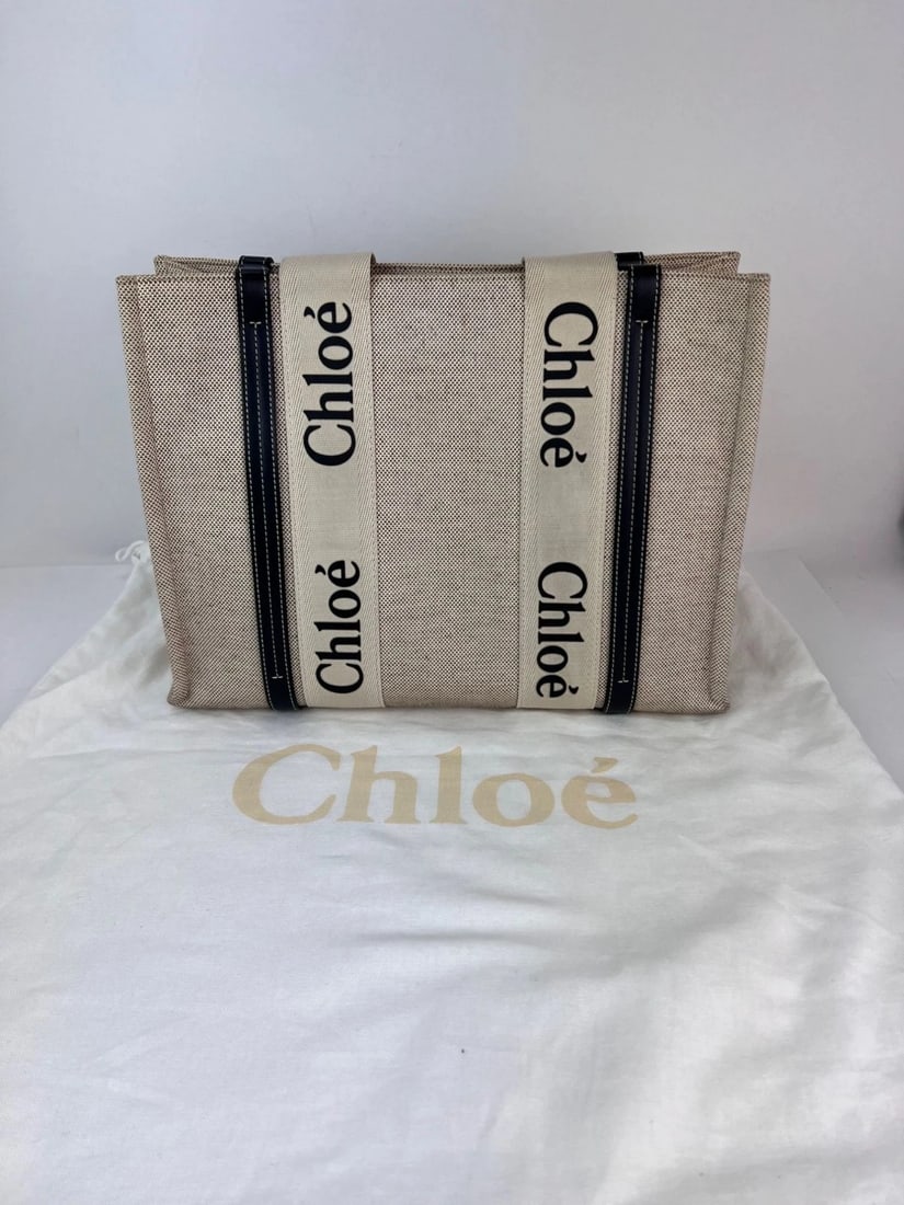 Chloe Woody Ribbon Medium Cotton Calfskin Beige Tote Bag - 6