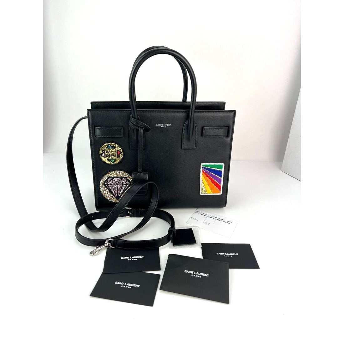 Saint Laurent Sac De Jour Embellished Patches Black Leather Shoulder Bag L - 10