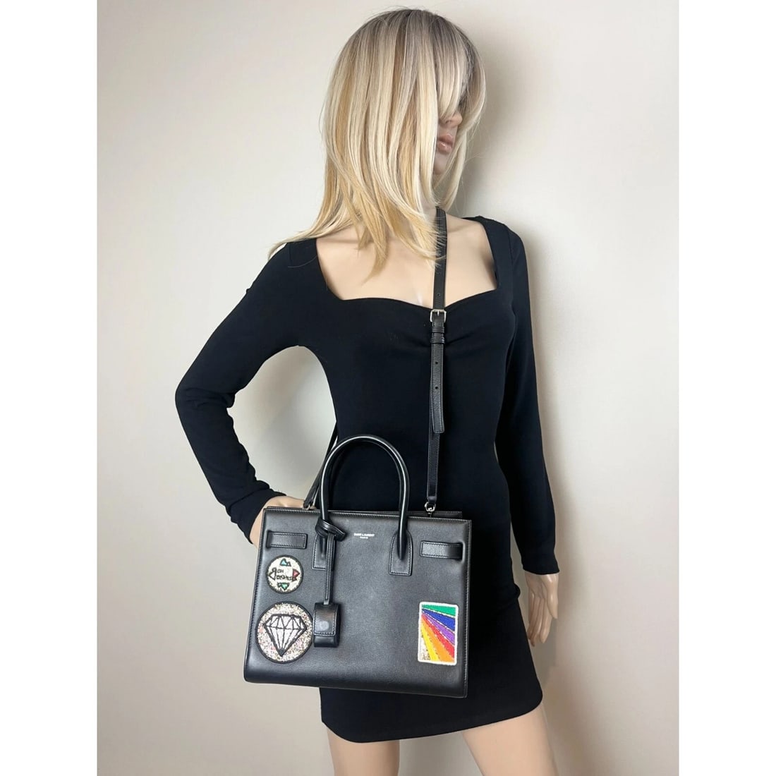 Saint Laurent Sac De Jour Embellished Patches Black Leather Shoulder Bag L - 11