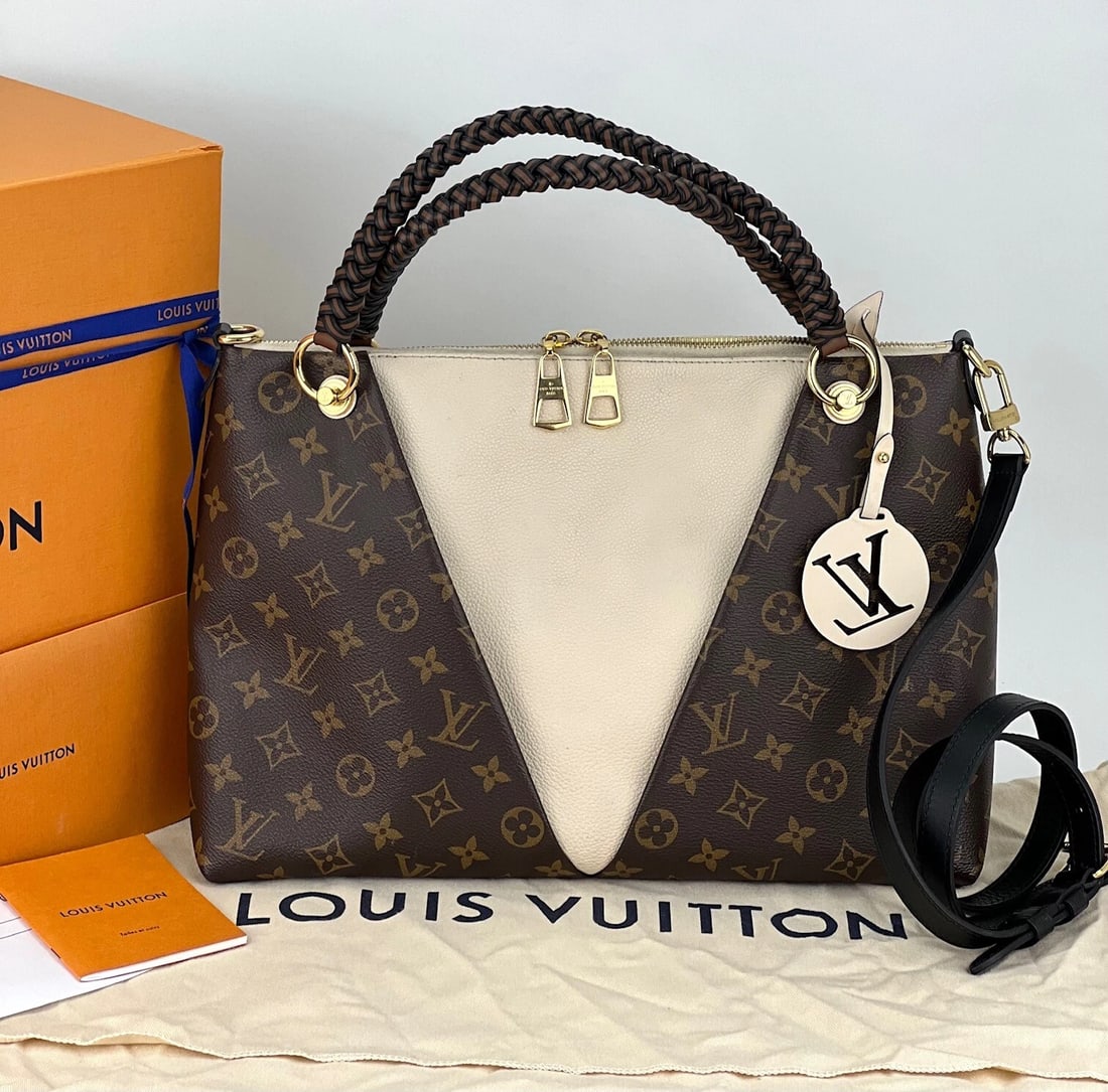 Louis Vuitton Braided V Tote MM Cream Leather Monogram Hand Bag - 2