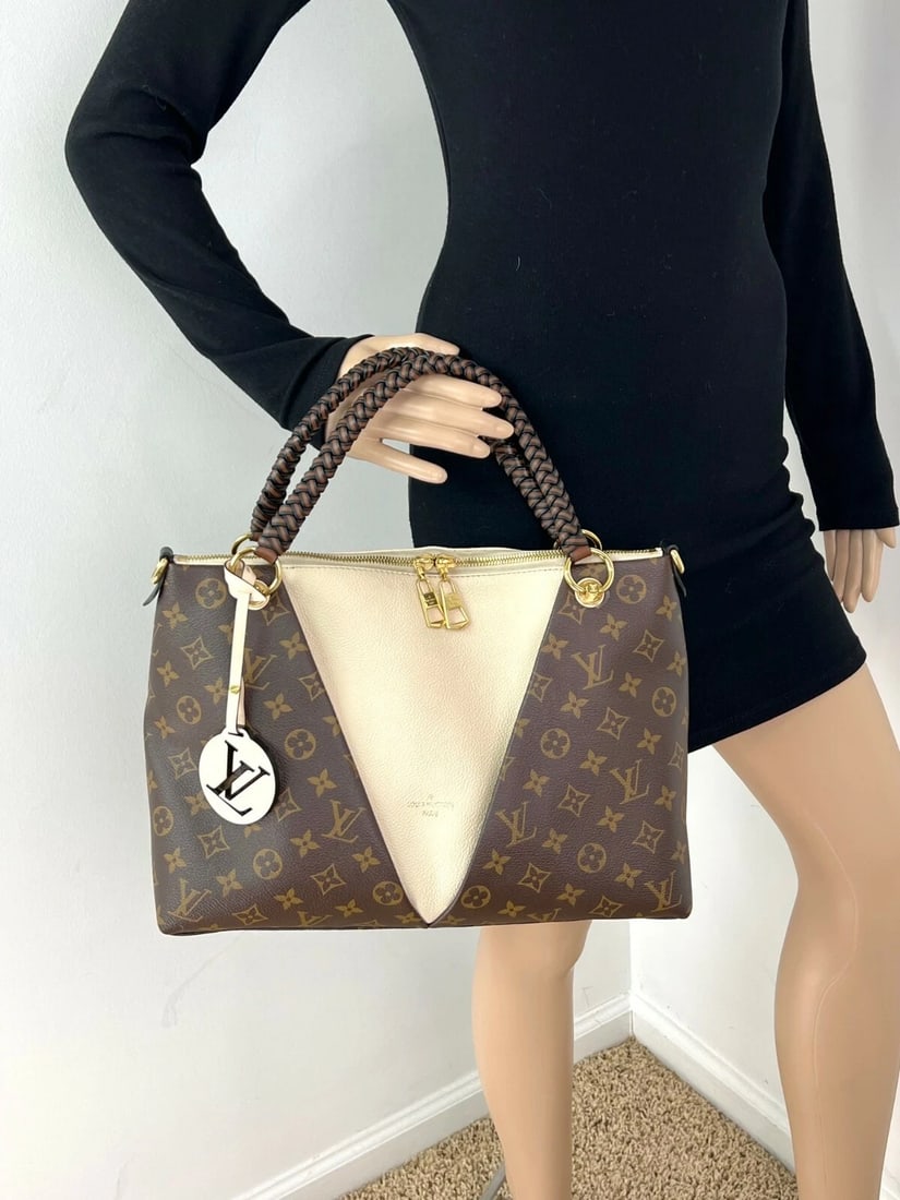 Louis Vuitton Braided V Tote MM Cream Leather Monogram Hand Bag - 3