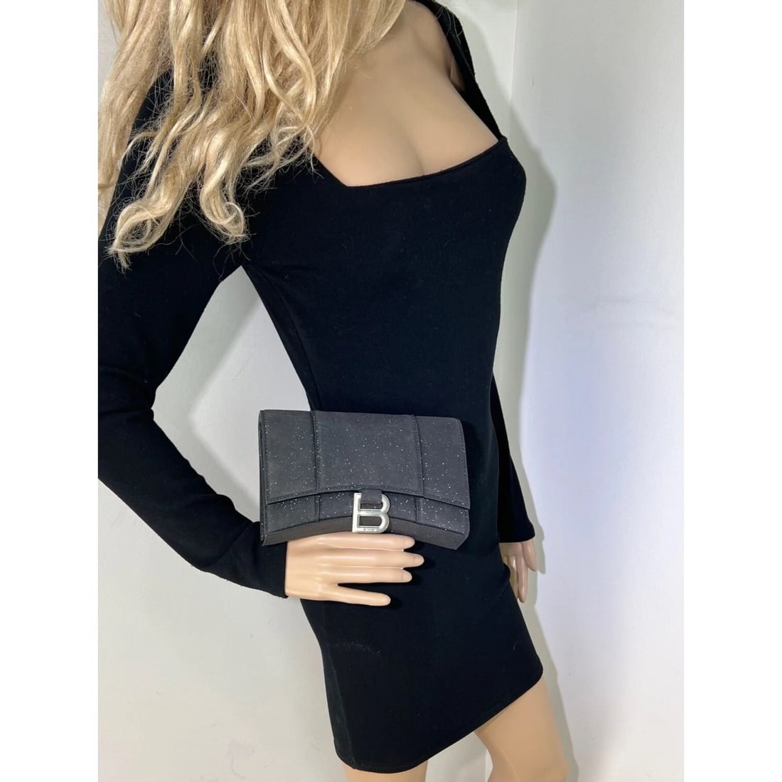 BALENCIAGA Hourglass Wallet On Chain Black Glitter Clutch Shoulder Bag - 6