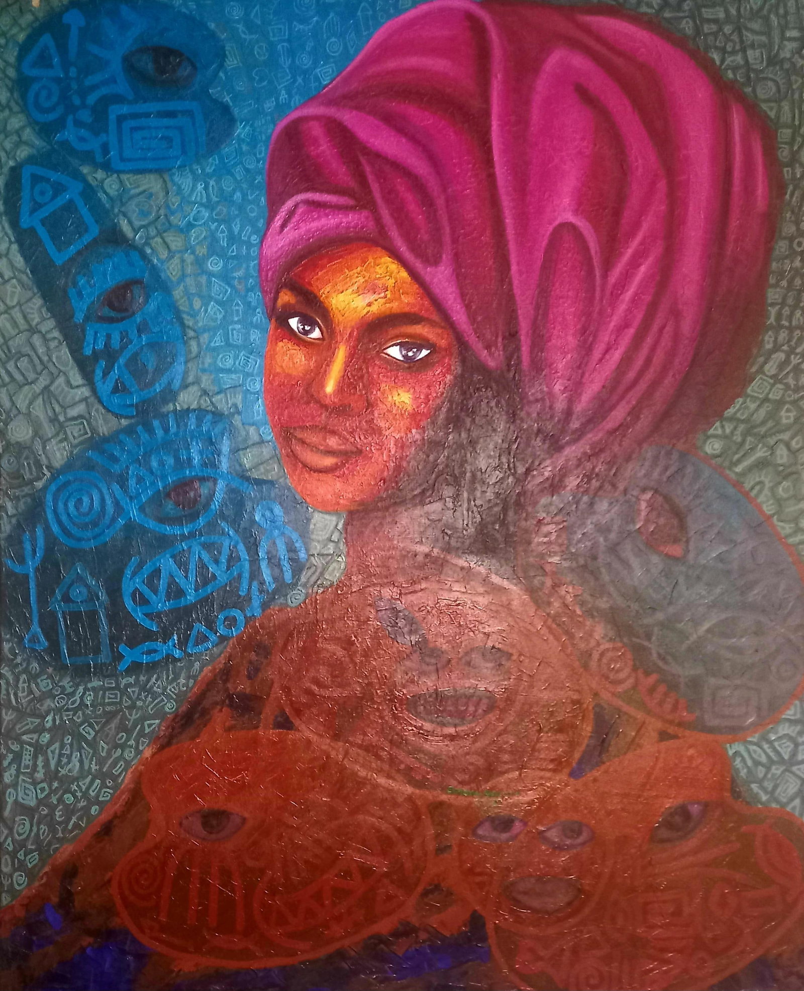 Omonu Salisu, Motherhood 2 -21st Century, Contemporary, Portrait Painting, Acrylic, Women Art, 2021: Creator: Omonu Salisu (1991, Nigerian) Creation Year: 2021 Dimensions: Height: 54 in (137.16 cm)Width: 44 in (111.76 cm)Depth: 1 in (2.54 cm) Medium: Canvas,Acrylic Movement & Style: Neo-Expressionist