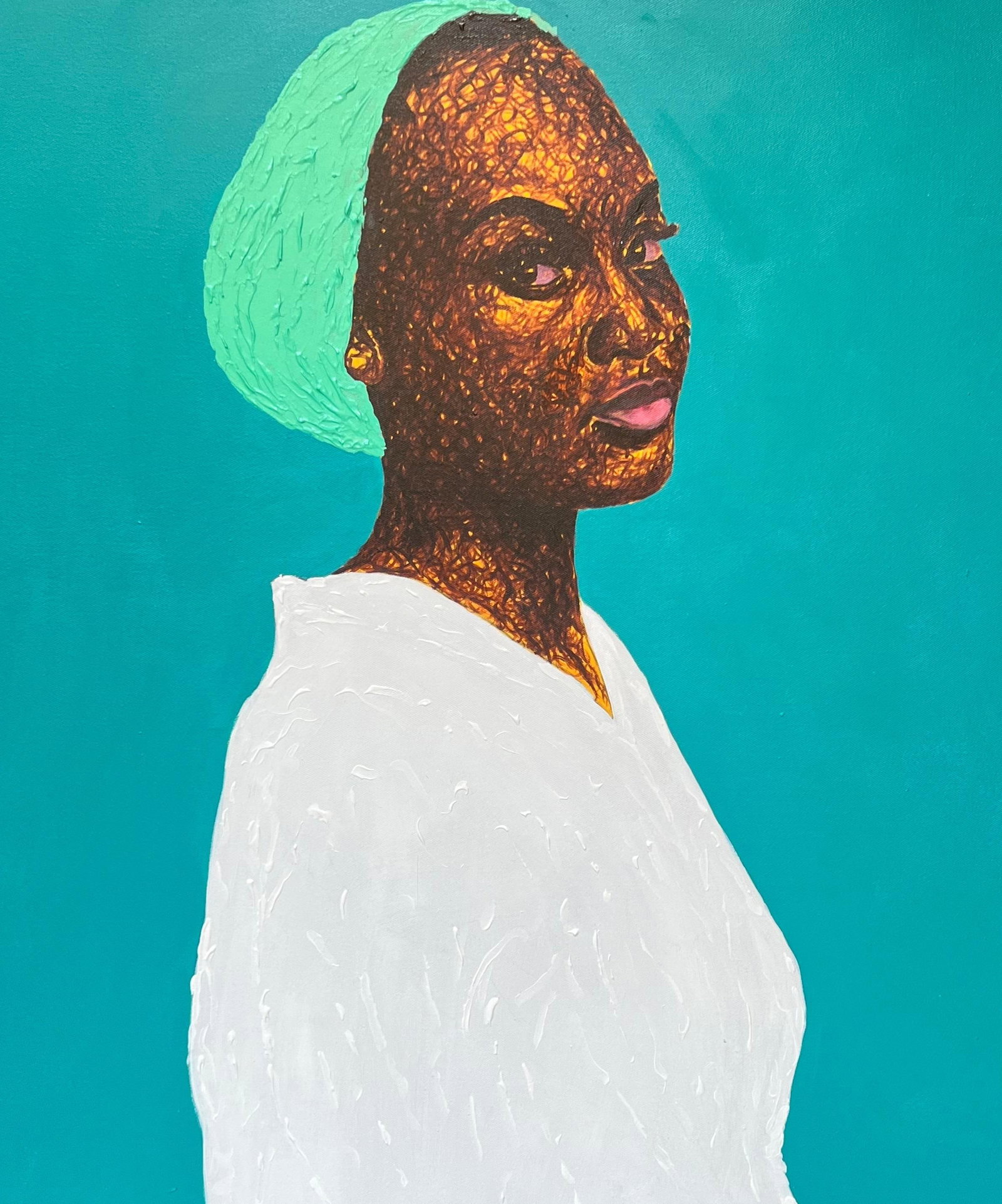 Daniel Owoeye, Untitled - 21st Century, Contemporary, Figurative Portrait, Woman on White, Blue, - 9
