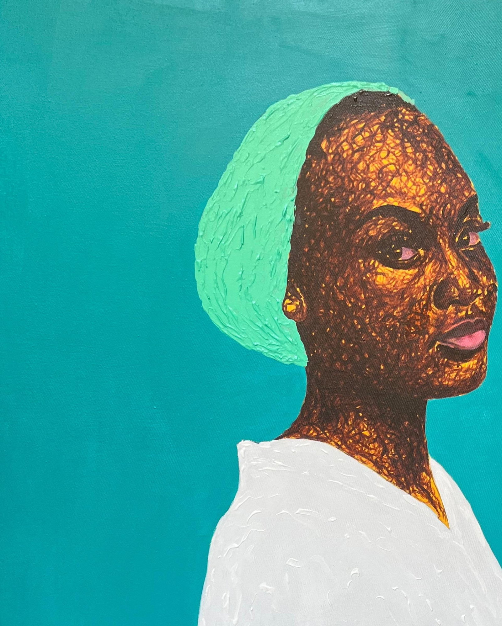 Daniel Owoeye, Untitled - 21st Century, Contemporary, Figurative Portrait, Woman on White, Blue, - 11