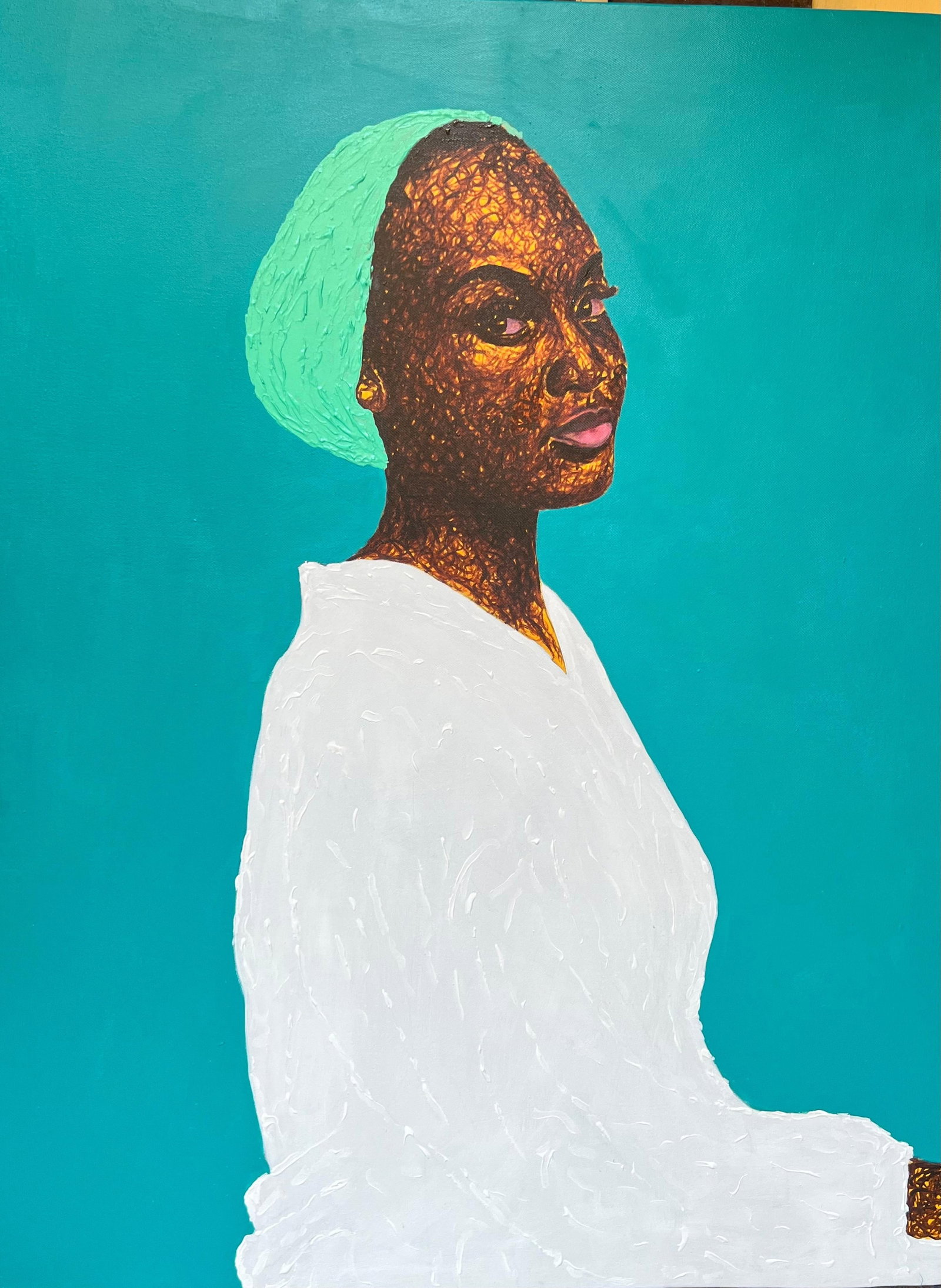 Daniel Owoeye, Untitled - 21st Century, Contemporary, Figurative Portrait, Woman on White, Blue,: Creator: Daniel Owoeye (1988, Nigerian) Creation Year: 2023 Dimensions: Height: 40 in (101.6 cm)Width: 30 in (76.2 cm)Depth: 1 in (2.54 cm) Medium: Acrylic,Canvas Movement & Style: Contemporary
