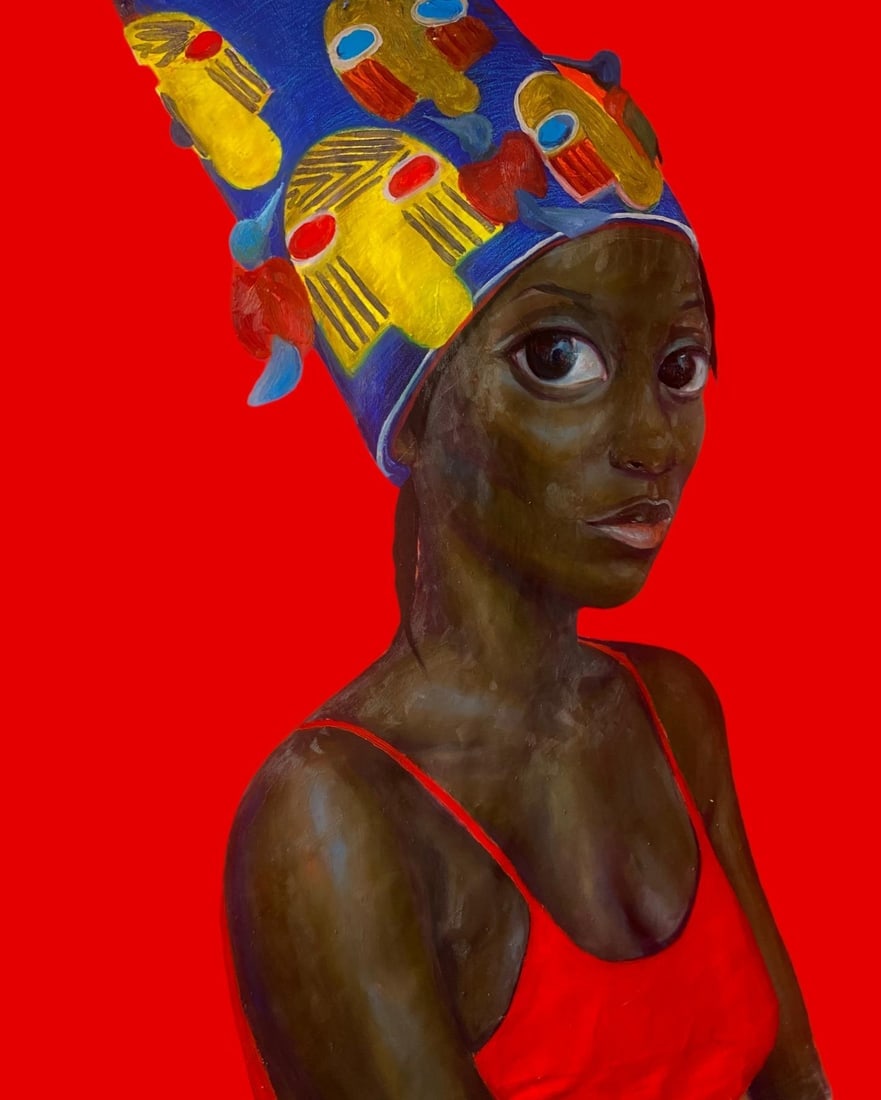 Mayowa Esan, Royalty -21st Century, Contemporary, Figurative Painting, Mixed Media, Women art, 2023: Creator: Mayowa Esan (1988, Nigerian) Creation Year: 2023 Dimensions: Height: 47.2 in (119.89 cm)Width: 43.3 in (109.99 cm)Depth: 1 in (2.54 cm) Medium: Canvas,Acrylic,Oil Movement & Style: Contempora