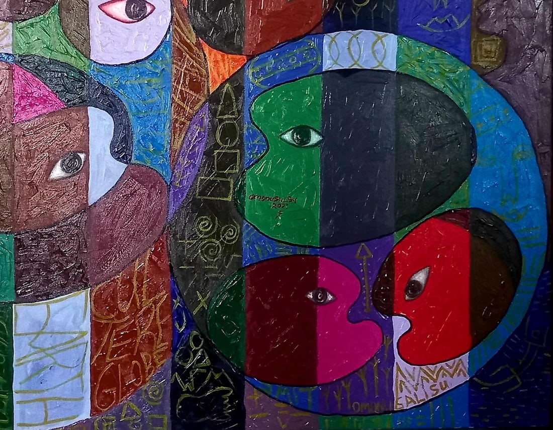 Omonu Salisu, Pallette Heads 2 -21st Century, Contemporary, Abstract Painting, Acrylic, People, 2021 - 15