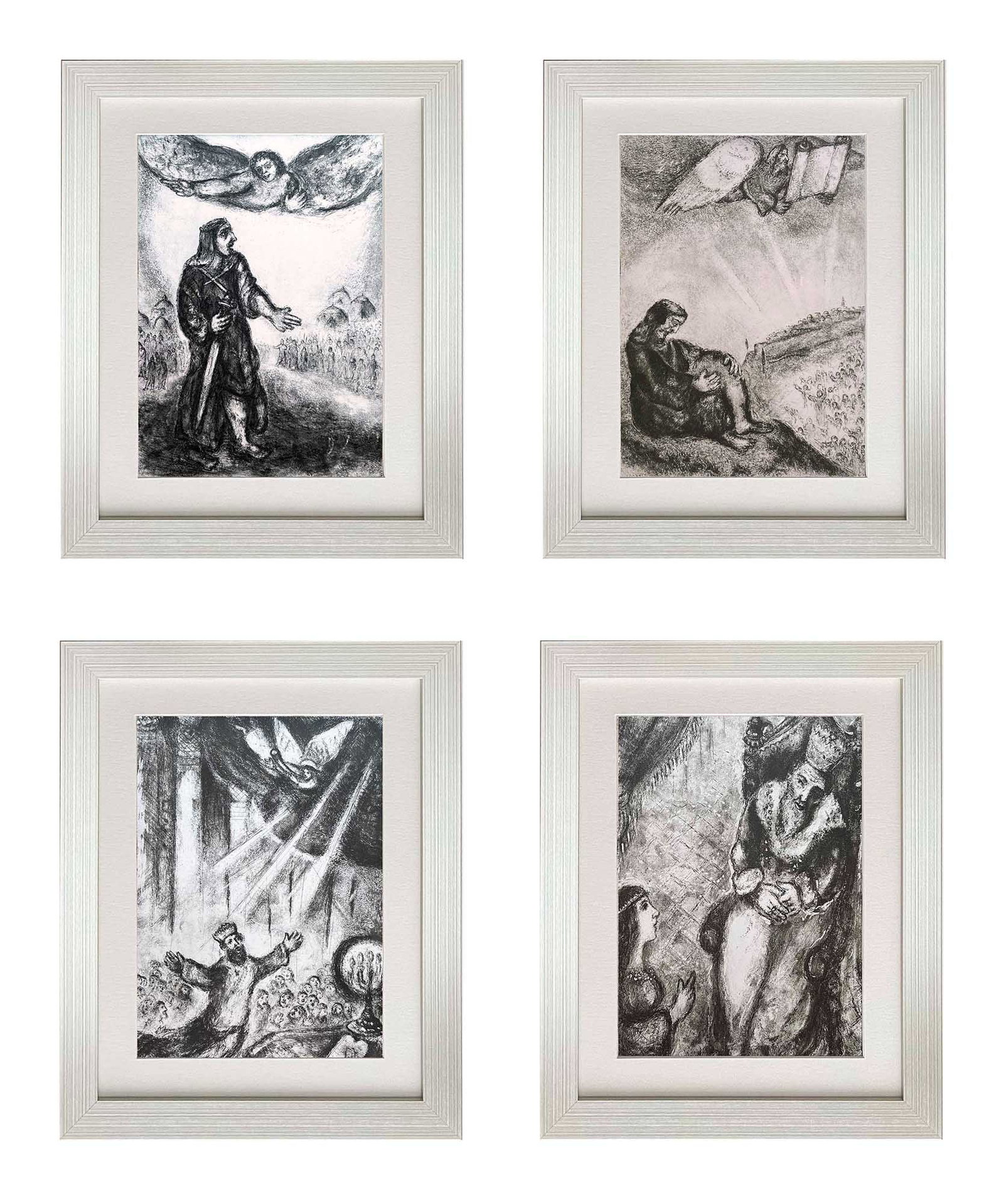 Marc Chagall Set of 4 framed Heliogravures from Bible 1956: Title: Marc Chagall Set of 4 framed Heliogravures from Bible 1956 Description: These remarkable four black-and-white heliogravure prints by Marc Chagall feature iconic biblical scenes. From the rare "
