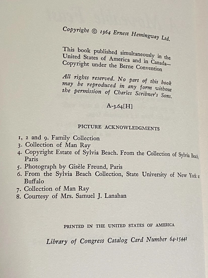 Ernest Hemingway A Moveable Feast Charles Scribner's Sons 1964 1st/1st HC/DJ VG - 3