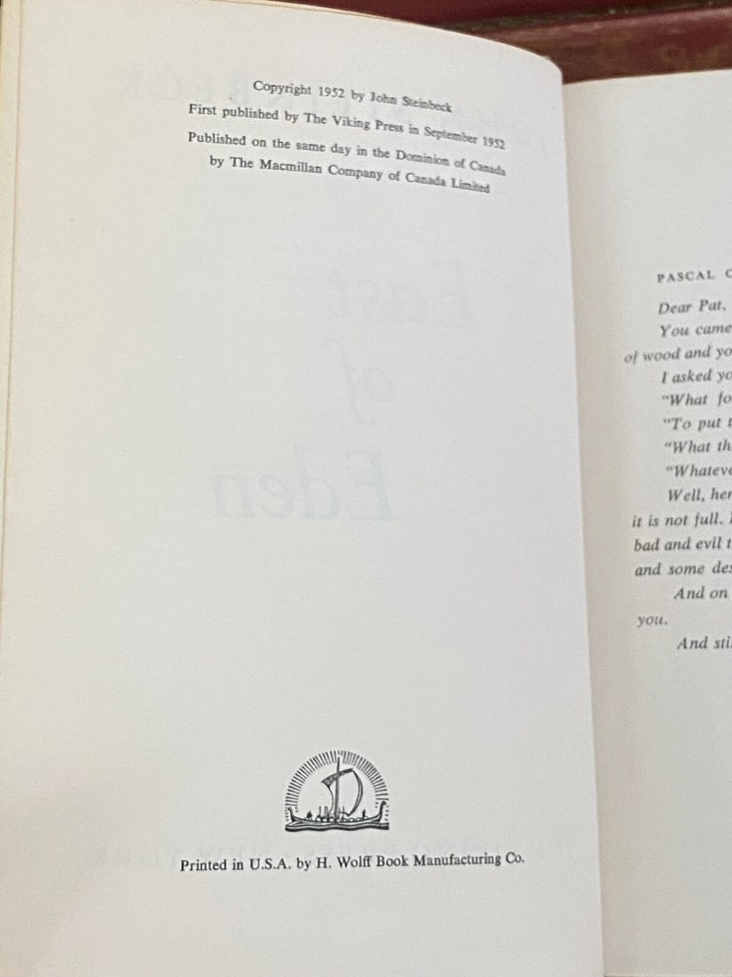 EAST OF EDEN JOHN STEINBECK 1952 HC Viking FIRST EDITION with "BITE" error - 3