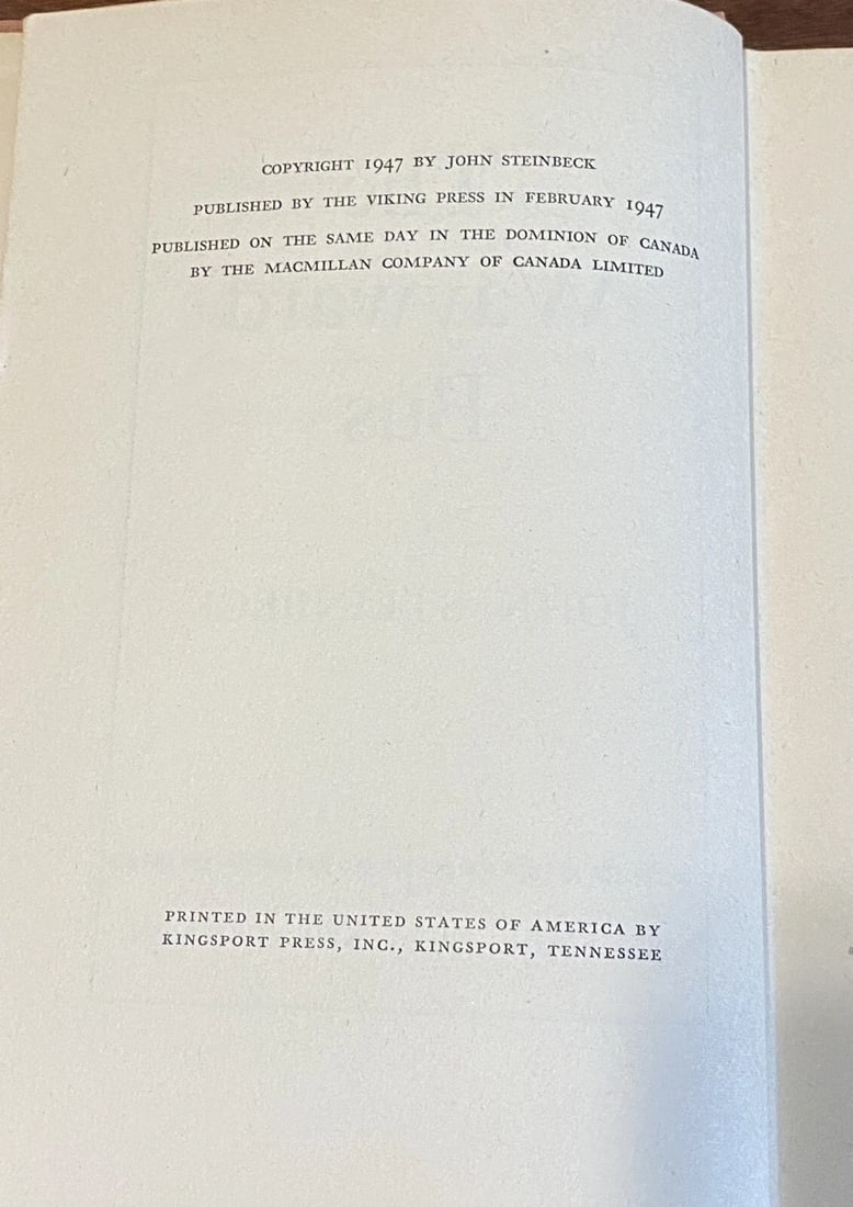 1947 1st Edition/Printing "THE WAYWARD BUS" by John Steinbeck Viking Press HC - 3