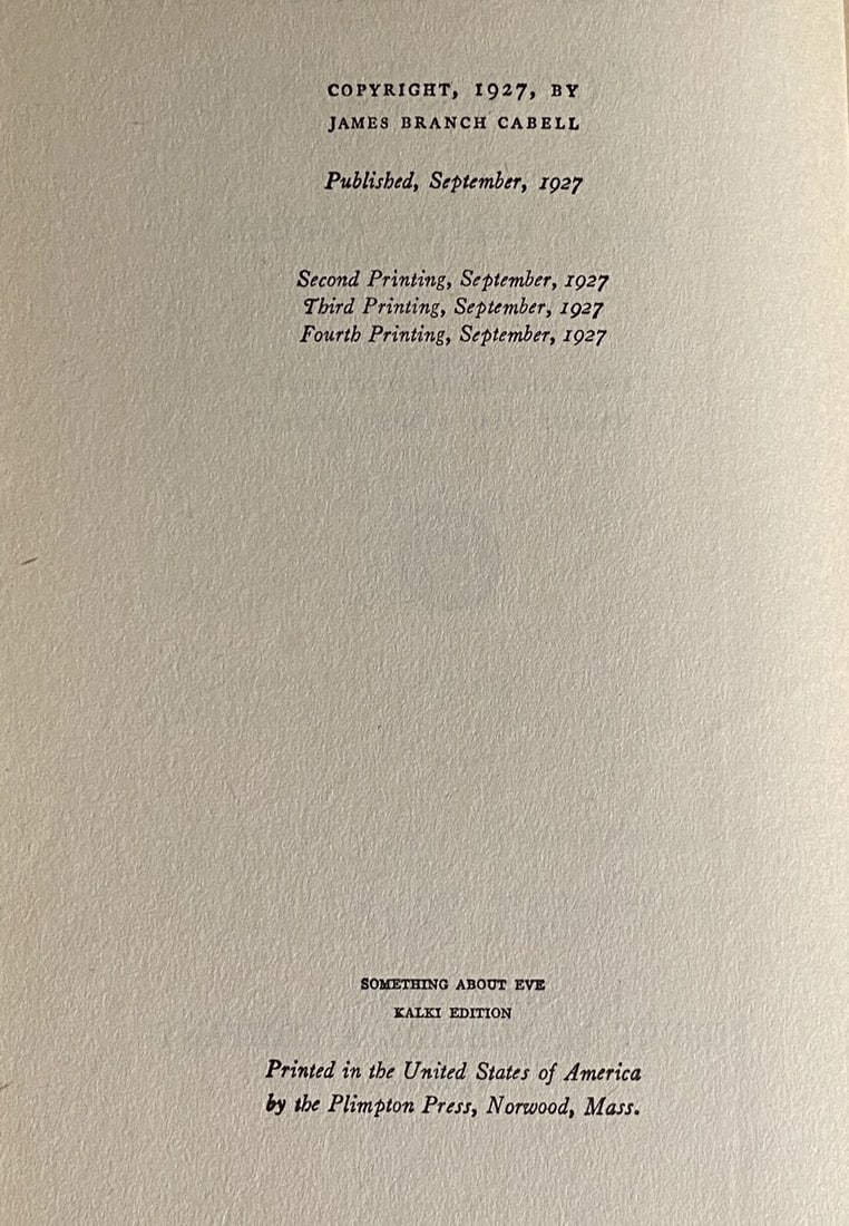 1st Edition 4th Print Something About Eve James Branch Cabell HC 1927 VGood - 3