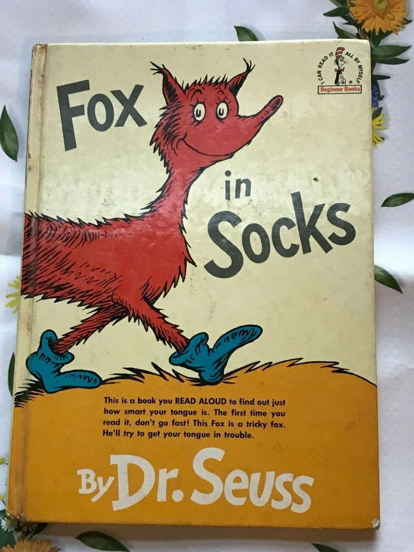 VTG Dr. Seuss Book 1965 Beginner Books Fox in Socks Board Books Large Type 1st - 10