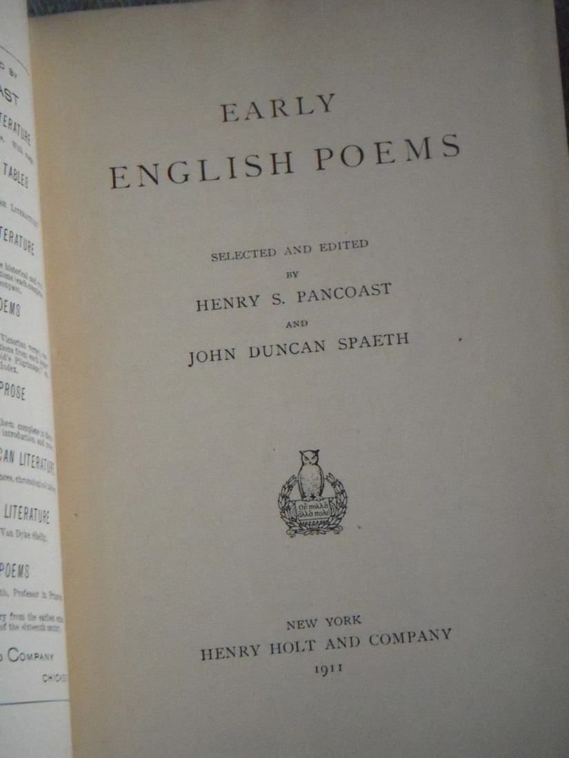 EARLY ENGLISH POEMS Pancoast and Spaeth NY Henry Holt & Co. 1911 HC - 2