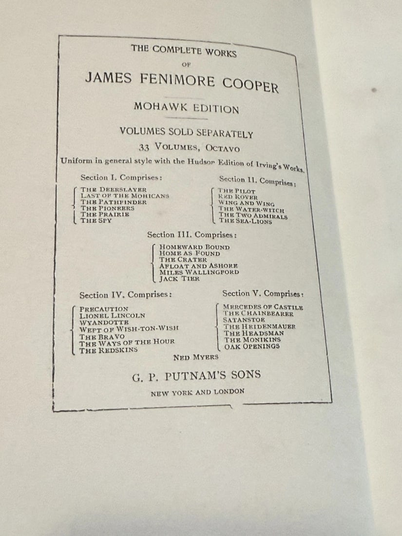 Cooper’s Works James Fenimore Cooper The Prairie Mohawk Edition G.P. Putnam VG - 5
