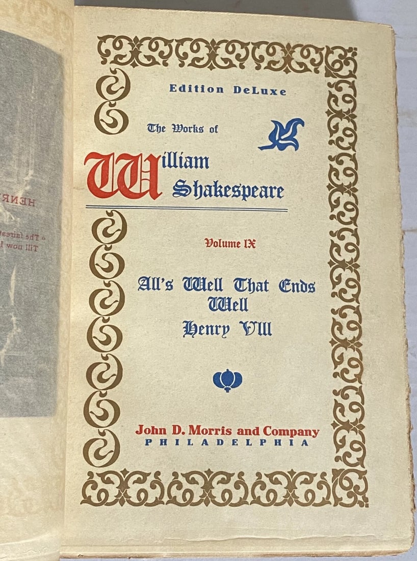 Shakespeare’s Works Elgin Ed. Deluxe Vol.IX All’sWell; HenryVIIIMorris 1901 #360 - 2