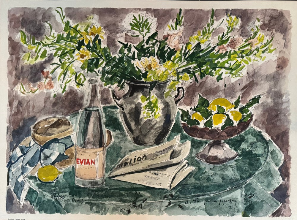 Andre Dunoyer de Segonzac: Vase de fleurs, bouteille et citrons sur la table - 2