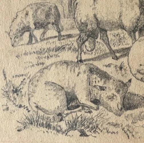 19th century Animals Sheeps Landscape Mountain Antique Drawing Original - 4