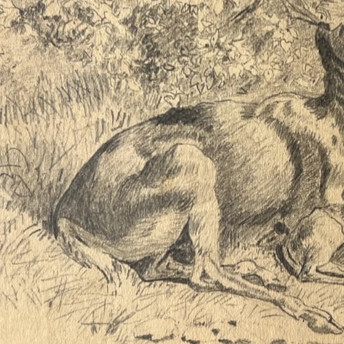19th century Animals, Doe, Fawn, Landscape, Mountain Antique Drawing Original - 6