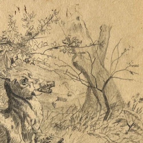 19th century Animals, Doe, Fawn, Landscape, Mountain Antique Drawing Original - 7